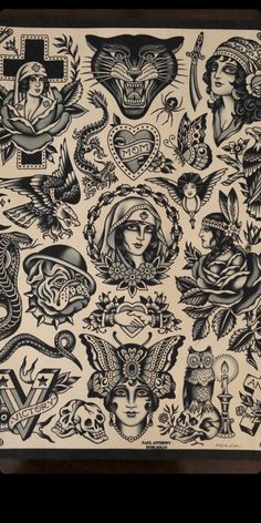 an old school tattoo design with many different designs