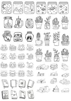 a large set of hand drawn doodles with plants and books