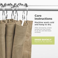 there are four curtains hanging on the rod in front of an advertisement that says care instructions machine wash cold and hang to dry