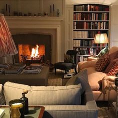 a living room filled with furniture and a fire place next to a bookshelf