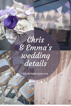 chairs and flowers with the words wedding details overlayed in purple, white and grey