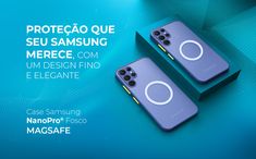 two purple samsung phones sitting on top of a blue box with the caption protectaca que seu samsung merece com um design fio elegante