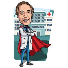 a caricature of a man in a doctor's coat with a red cross on the building behind him