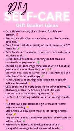 Elevate well-being with a self-care themed gift basket! Personalizing a basket filled with relaxing items like candles, skincare products, and soothing teas offers a thoughtful way to show care and appreciation 🌸. It provides a chance to indulge in self-care practices, reduce stress, and enhance relaxation 🌿. Whether for yourself or a loved one, a self-care basket is a delightful way to promote wellness and self-love. Embrace the gift of relaxation and rejuvenation! 🌟 Easy Self Care Ideas, Self Care Kit Diy, Wellness Basket Ideas, Self Care Kits For Women, Self Care Baskets, Pink Self Care Basket, Lavender Self Care, Self Love Bath Ritual Witchcraft