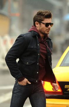 Burgundy Hoodie, Checkered Jacket, Mode Casual, Zac Efron, Sharp Dressed Man, Jacket Outfit, Vanessa Hudgens, Black Denim Jacket, Outfit Casual