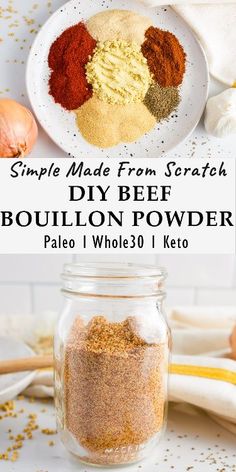 the ingredients to make this homemade diy beef bouilon powder recipe in a glass jar