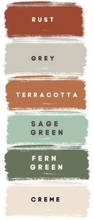 five different colors of paint with the words rust, grey, terracotta, sage green, fern green, creme