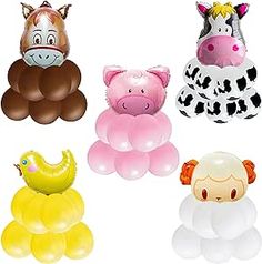 several different types of balloons in the shape of animals and farm animals on white background