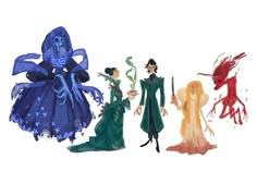 three different colored figures are shown in this image, one is holding a knife and the other is wearing a long dress