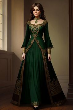 Green And Gold Medieval Dress, Green Midevil Gown, Casual Royal Dress, Mid Evil Dresses Princesses, Sarah Fantasy Dress, Royal Evening Gowns, Medieval Fantasy Dress Warriors, Medevil Outfits Women Royal, Mediavel Dress