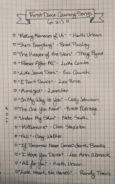 handwritten list for the first dance country songs, part 3 and 4 on lined paper