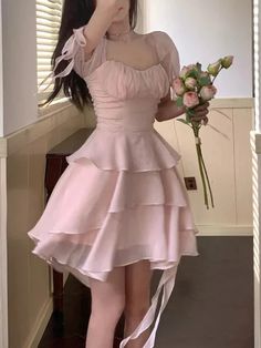 A-line Ruffled Puff Sleeve Solid Square Collar Party Dress – Weitese Dress Coquette Dresses Pink, Pink Dresses Birthday, Bday Dresses For Women, Pink Party Dress Short, Short Pink Prom Dresses, Short Fairy Dress, Pretty Hoco Dresses, Coquette Dresses, Light Pink Dresses