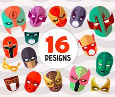 a bunch of masks with the words 16 designs on them in different colors and shapes