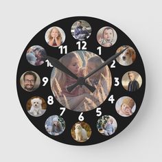 a clock with many different pictures on the front and back of it, all in black