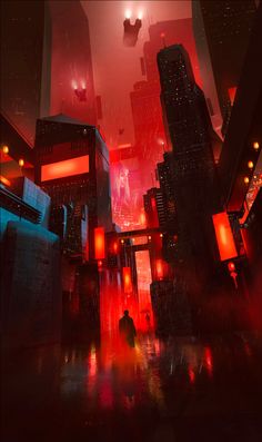 a man walking down a street next to tall buildings in the rain with red lights