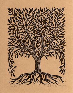 a black and white drawing of a tree with roots