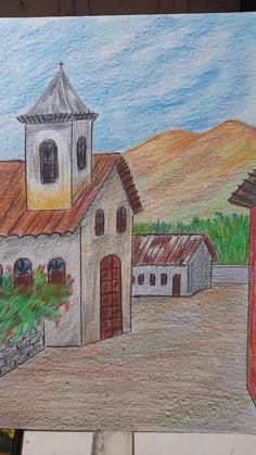 a drawing of a house with a clock tower