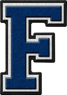 the letter f is made up of blue, white and black fabric with stitching