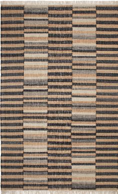 a brown and black striped rug with fringes on the bottom, in different colors