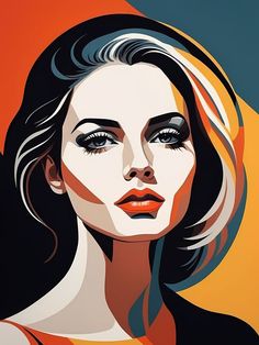 a painting of a woman's face with an orange background