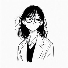 a black and white drawing of a woman in glasses with long hair wearing a blazer