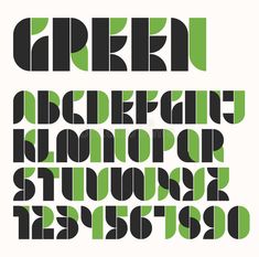 an alphabet with green and black letters in the style of art deco, lettering design