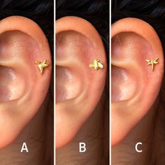 three different types of ear piercings with the same design on one side and an arrow on the other