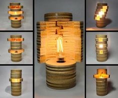 a collage of photos showing different ways to light up a wooden container with coins