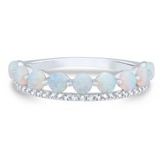 Captivating with iridescent charm, this lab created opal and lab created white sapphire stack ring is the enchanting accessory you’re looking for. Nine lab created opals offer hypnotizing color alongside 27 lustrous lab created white sapphires. Perfect on its own or in a unique stack, this accessory rises to any occasion. | Lab Created Opal and Lab Created White Sapphire Stack Ring | Sterling Silver | Size 6 | 1mm | Layering & Stacking Opal Wedding Bands For Women, White Opal Stackable Promise Rings, White Opal Stackable Rings For Promise, White Stackable Opal Jewelry, Diamond White Round Opal Jewelry, Adjustable White Opal Jewelry, White Stackable Round Jewelry, White Stackable Sterling Silver Opal Ring, White Opal Stackable Round Rings