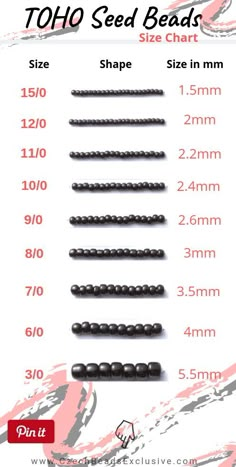 toho seed beads size chart with measurements for each bead and the length shown below