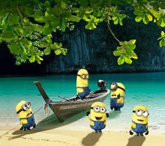 several minion characters are standing in front of a boat on the beach