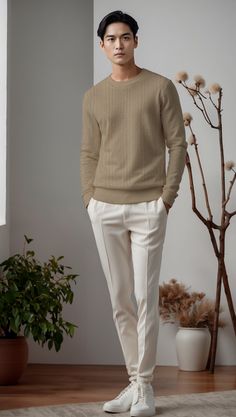 Crew Neck Upcycled Cashmere Jumper in Ivory  #magliedauomo #ecocashmere #cashmererigenerato #mensfashion #menstyle #knitwear #menjumpers   maglieria da uomo, maglioni da uomo, maglione uomo, maglioni uomo, maglie a girocollo, maglie cashmere, maglie scollo a V, maglie collo alto, maglione scollo a V, maglione collo alto, maglione girocollo, men's sweater, cashmere sweater Asian Mens Fashion, Ridiculous Outfits, Cream Pants Outfit, Cream Pant, Money Aesthetics