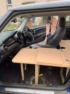 a small table in the back of a car