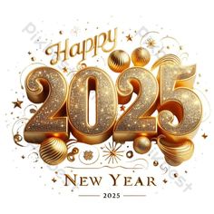 happy new year's greeting card with golden numbers and decorations on white background,