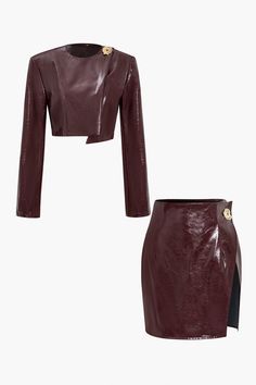 Details Occasion Casual Category Sets Composition 95% Polyester, 5% Elastane Sheer Not Sheer Fabric Faux Leather Size & Fit Measured in size S Length:15.4" Bust:37.0" Sleevelength:25.0" Waist:27.6" Hips:37.8" Skirt Length:18.1" Fit:Fitted Stretch:Low Stretch Leather Skirt Set, Burgundy Outfit, Winter Boho, Denim Outerwear, Knit Bottom, White Floral Dress, Faux Leather Skirt, Night Out Dress, Leather Outfit