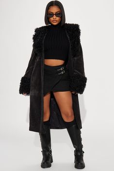 Available In Black And Cognac. Corduroy Coat Faux Fur Trim Functional Pockets Button Closure Self: 95% Polyester 5% Spandex Contrast: 100% Polyester Lining: 100% Polyester Imported | Camila Corduroy Coat in Black size XS by Fashion Nova Sherpa Leather Jacket, Black Fluffy Jacket, Black Fur Jacket, Long Faux Fur Coat, Black Faux Fur Coat, Corduroy Coat, Cute Coats, Faux Leather Coat, Coat Black