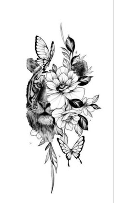 a black and white drawing of a tiger surrounded by flowers with butterflies on it's head