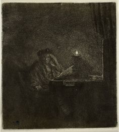 a black and white drawing of a person sitting at a table with a book in front of them