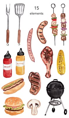 watercolor illustration of different foods and utensils