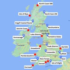 a map with red stars on it and the names of towns in england, scotland