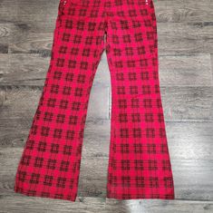 Red Checked Flre Bottoms Pants. Almost Famous. Size 7 Casual Fitted Red Pants, Red Fitted Casual Pants, Retro Red Bottoms For Fall, Red Fitted Cotton Pants, Fitted Red Cotton Pants, Red Retro Stretch Bottoms, Red Stretch Retro Bottoms, Retro Fitted Red Pants, Retro Red Bottoms For Workwear