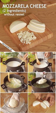 the steps to make mozzarella cheese are shown in several different pictures, including onions and garlic