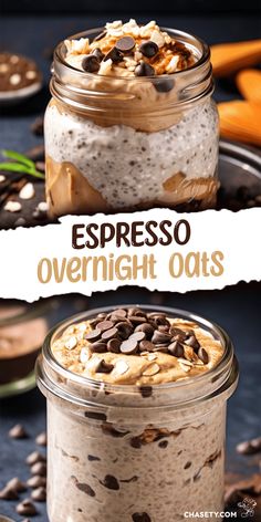 two jars filled with overnight oats and topped with chocolate chips