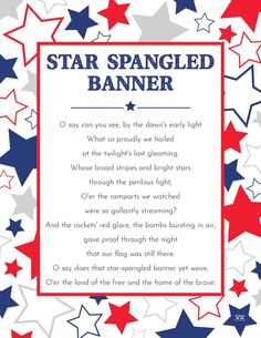 a star spangled banner with red, white and blue stars in the background that says