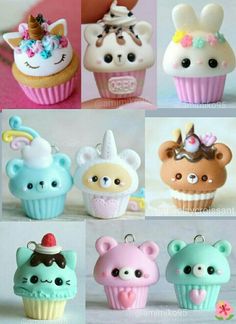 some cute little cupcakes that are in different colors and designs, with the faces of animals on them