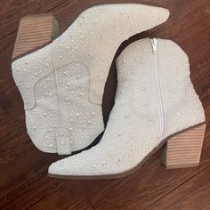 I Was On A Waiting List For These Bad Girls And Ordered Directly From The Betsey Website. They Sparked So Much Joy :) Worn Twice During Bachelorette Festivities - Still In Love With These But Hoping To Pay It Forward. Every Rhinestone And Pearl Is Still Perfectly Intact, No Tears Or Shedding, And They Are Currently Stored With Inserts To Ensure No Flattening/Damage. Betsey Johnson Shoes, Pay It Forward, Waiting List, Still In Love, Western Boot, Bad Girl, Western Boots, Betsey Johnson, Bootie Boots