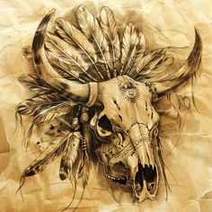 Cow Skull Detailed Tattoo Designs Western Cow Skull Tattoo, Western Outlaw Tattoo, Buffalo Skull Drawing, Elk Tattoo Men, Waylon Jennings Tattoo, Wood Burning Art For Beginners, Dark Skull Tattoo Design, Steer Skull Tattoo, Cow Head Tattoo