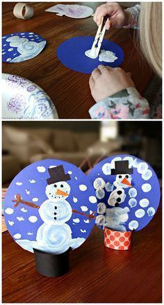 kids are making snowmen out of paper plates