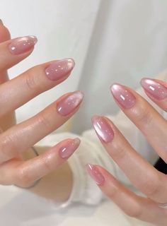 Almond Nails For Tan Skin, White Chrome Over Pink Nails, Pinky Nail Ideas, Girly October Nails, Shiny Neutral Nails, Marble Heart Nails, Clear Glass Nails Acrylic, Pink Nails For Bride, Light Pink Catseye Nails