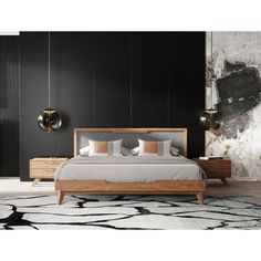 a modern bedroom with black walls and white carpeted flooring, an upholstered bed